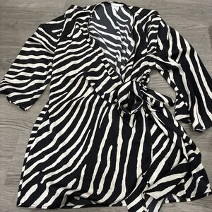 H&M Zebra Stripe Low V Neck Satin Toe Wrap Blouse | Size M